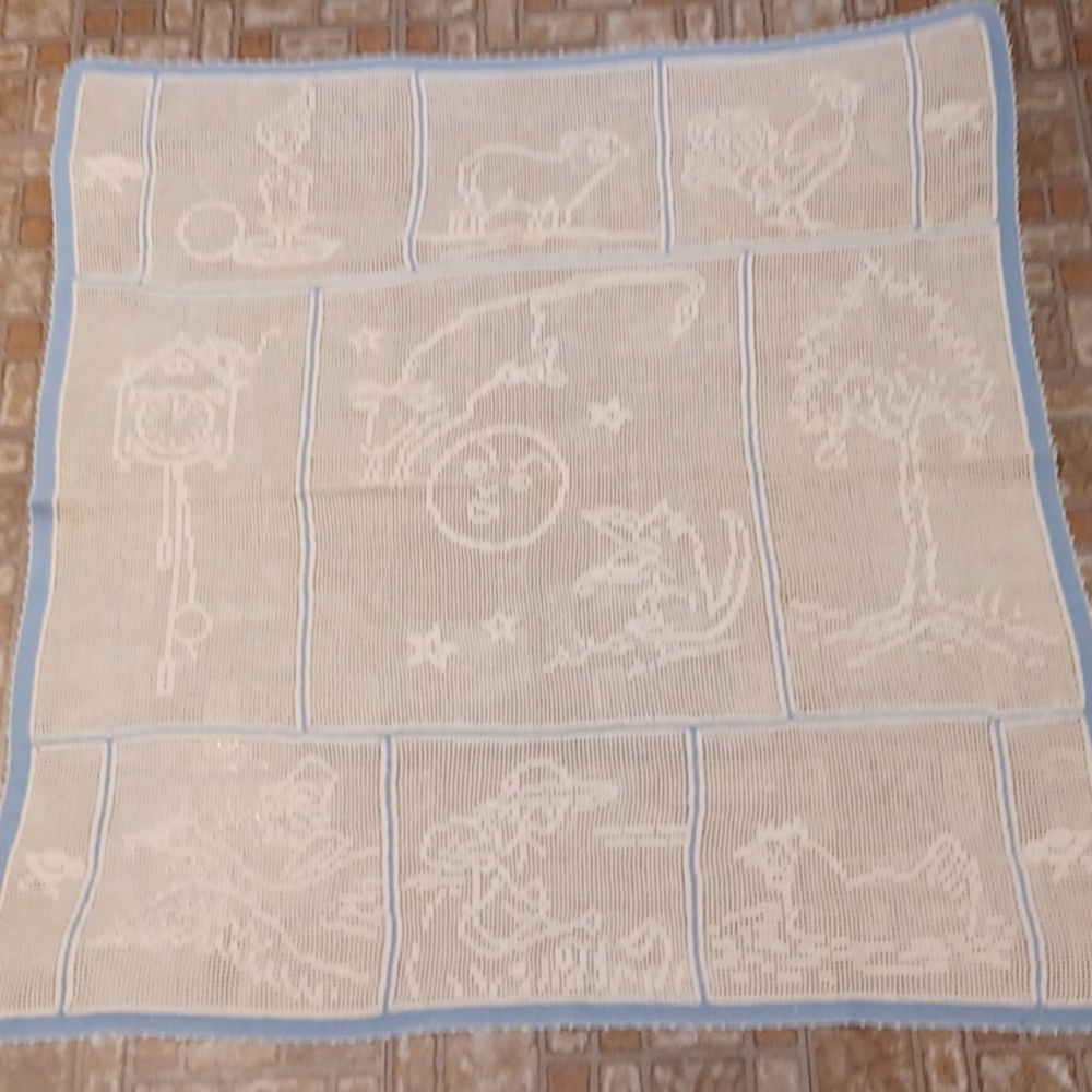 Charming Cream and Blue Kids Crotched Blanket Vintage Handmade
